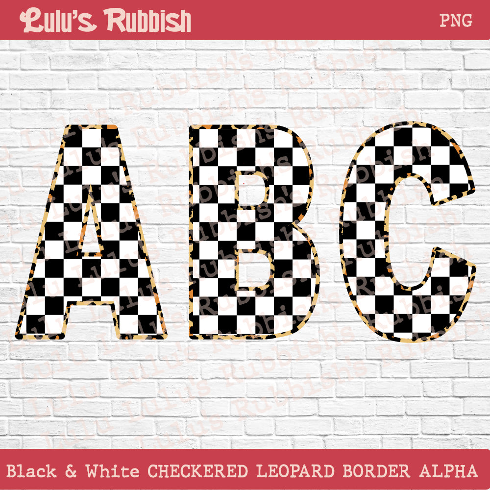 Black & White Stretch Checkered Leopard Alphabet PNG | Printable Border Letters Digital Download