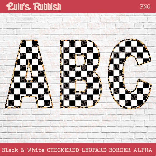 Black & White Stretch Checkered Leopard Alphabet PNG | Printable Border Letters Digital Download