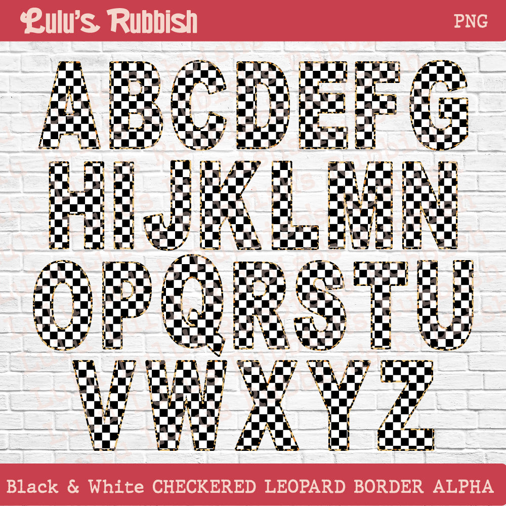 Black & White Stretch Checkered Leopard Alphabet PNG | Printable Border Letters Digital Download