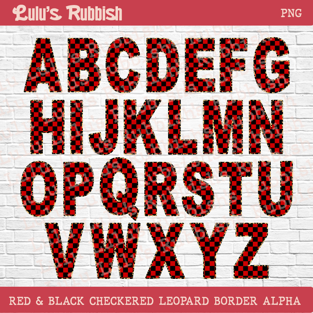 Red & Black Stretch Checkered Leopard Alphabet PNG | Printable Letters Digital Download