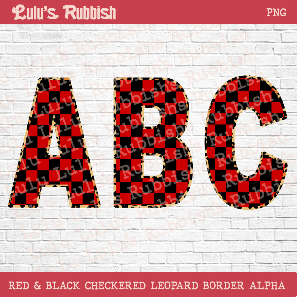 Red & Black Stretch Checkered Leopard Alphabet PNG | Printable Letters Digital Download