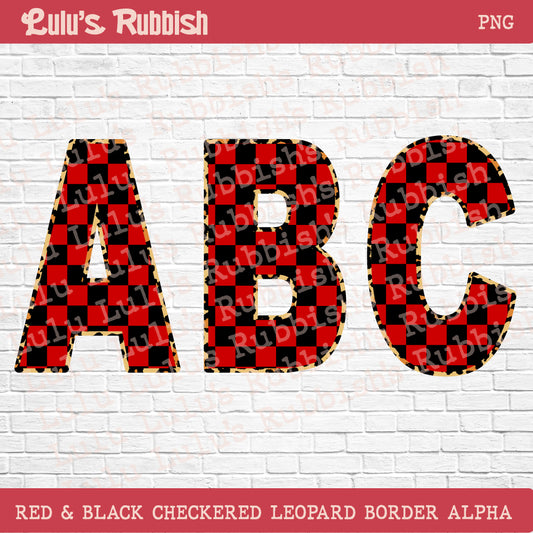 Red & Black Stretch Checkered Leopard Alphabet PNG | Printable Letters Digital Download
