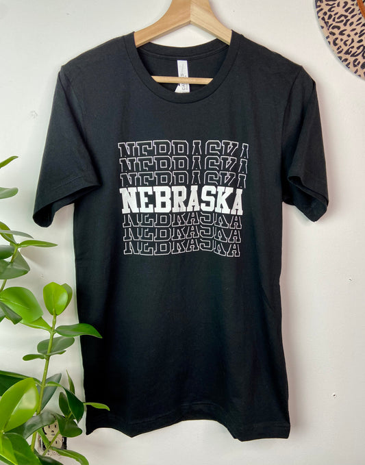 Nebraska Stacked Graphic Tee | Black Bella Canvas Shirt | Minimalist State Pride Tee | Unisex Cotton Tee