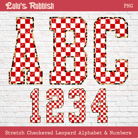 Red & White Stretch Checkered Leopard Border Alphabet PNG | Printable Letters Digital Download