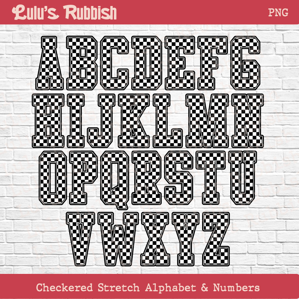 Black & White Stretch Checkered Alphabet PNG | Printable Letters Digital Download