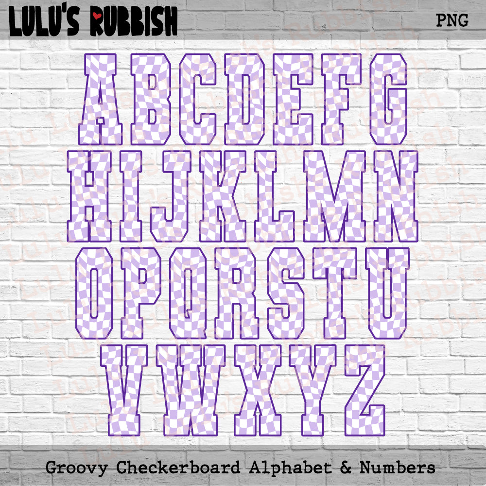 Groovy Purple & White Stretch Checkered Alphabet PNG | Printable Letters Digital Download