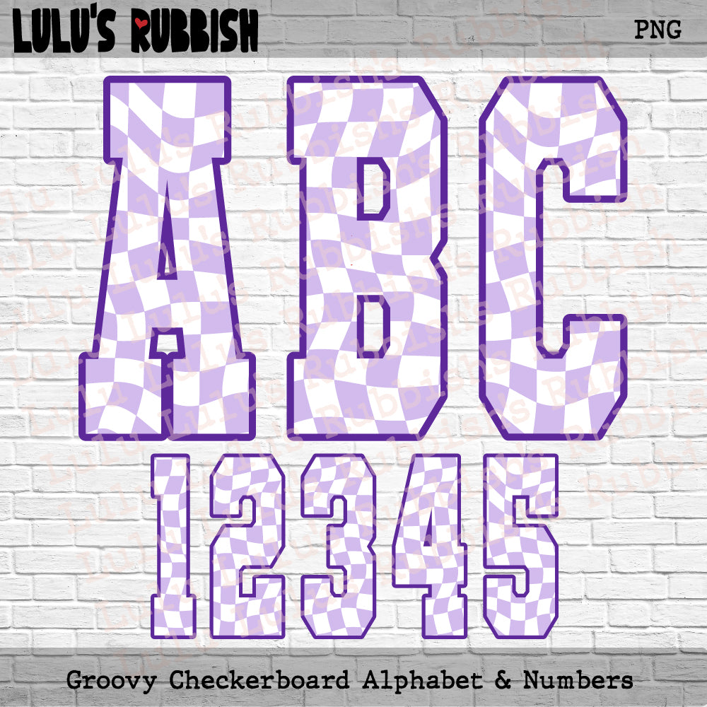 Groovy Purple & White Stretch Checkered Alphabet PNG | Printable Letters Digital Download