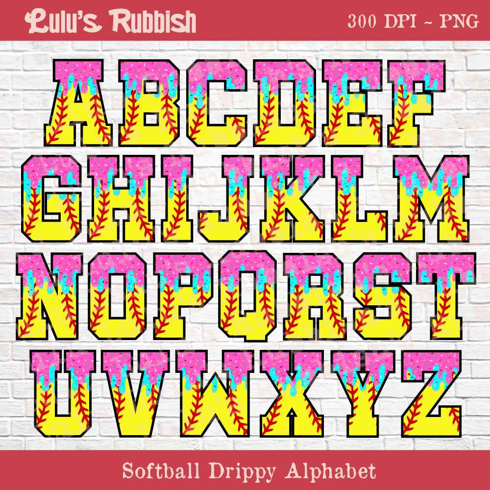 Ice Cream Drip Softball League Alphabet PNG | Softball Sports Letters Printable Download