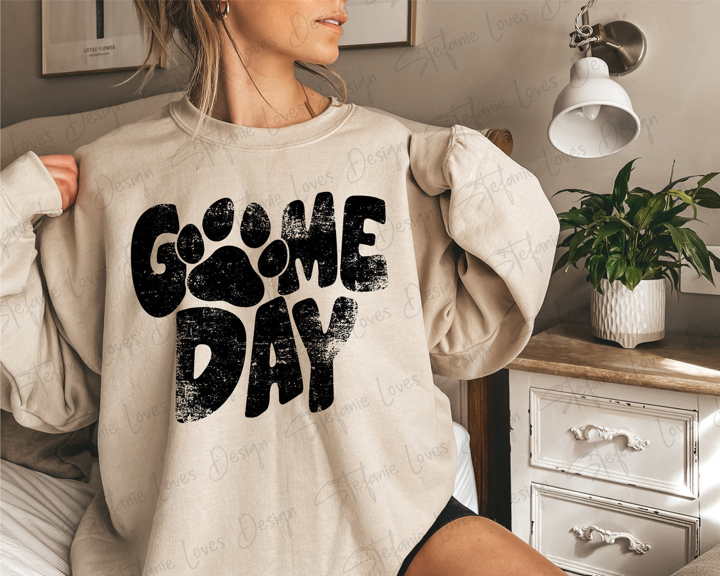 Game Day Paw png, Distressed Game Day png, png, Digital Design Black and White Version