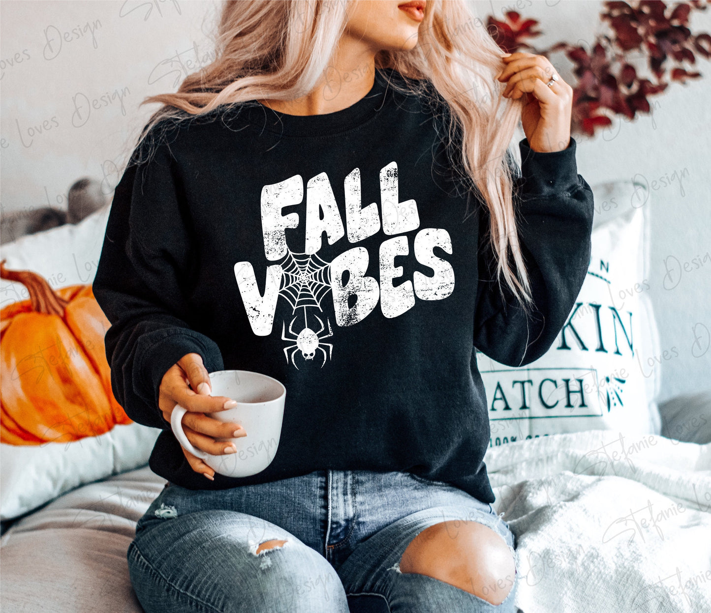 Fall Vibes Distresed with Spider Web Digital Design