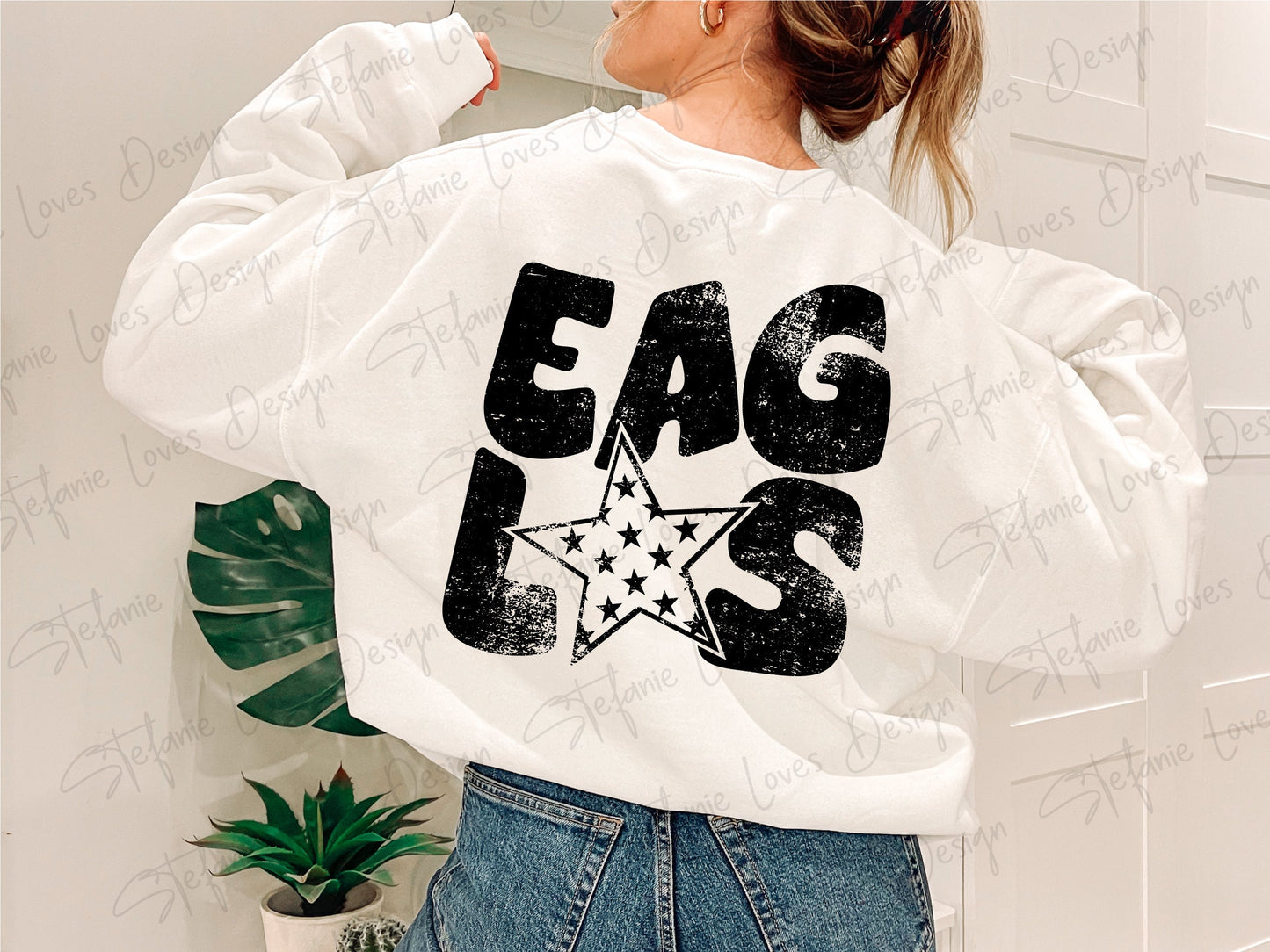 Eagles Distressed Star PNG, Eagles png, Retro Wavy Letter Digital Design Black and White