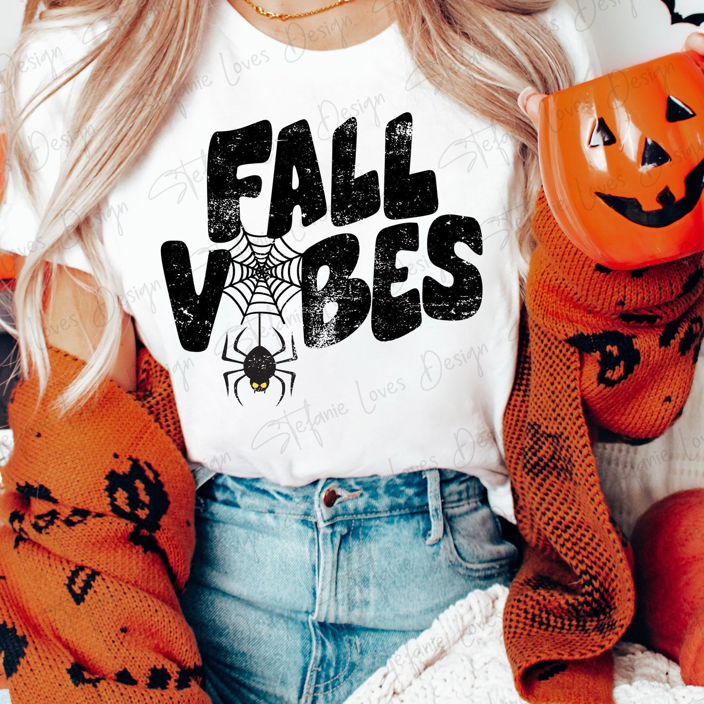 Fall Vibes Distresed with Spider Web Digital Design